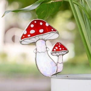 Fly agaric stained glass suncatcher - Unique gift for grandma - Hanging planter mushroom plant stake - Stained glass mushroom ornaments