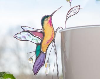Hummingbird crystal suncatcher -  Christmas gifts for her - Plant stakes stained glass suncatcher - Hummingbird figurine garden decoration -