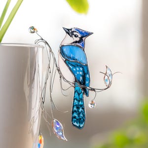Blue jay stained glass suncatcher - Stained glass plant - Indoor planters plant stake - Bird sun catcher garden decor - Light catcher
