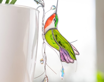 Attrape-soleil en vitrail colibri - Cadeaux personnalisés pour elle - Attrape-soleil colibri avec tuteur - Accessoires pour plantes pour nichoirs