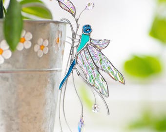Dragonfly stained glass plant stakes - Insect decor crystal suncatcher