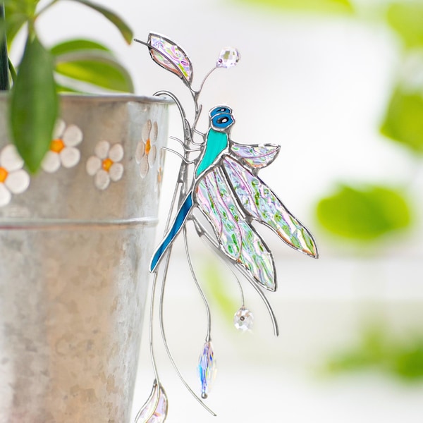 Dragonfly stained glass plant stakes - Insect decor crystal suncatcher