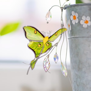 Luna moth stained glass plant stakes crystal suncatcher - Garden ornaments