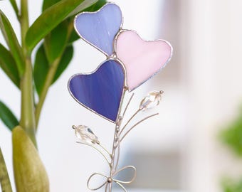 Hartornament glas-in-lood zonnevanger - jubileumcadeau voor vrouw - kristallen zonnevanger plantenstokken - cadeaus voor plantenliefhebbers