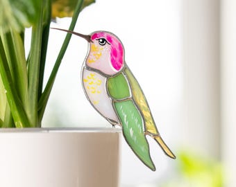 Handcrafted Pink Stained Glass Hummingbird Suncatcher – Plant Accessories