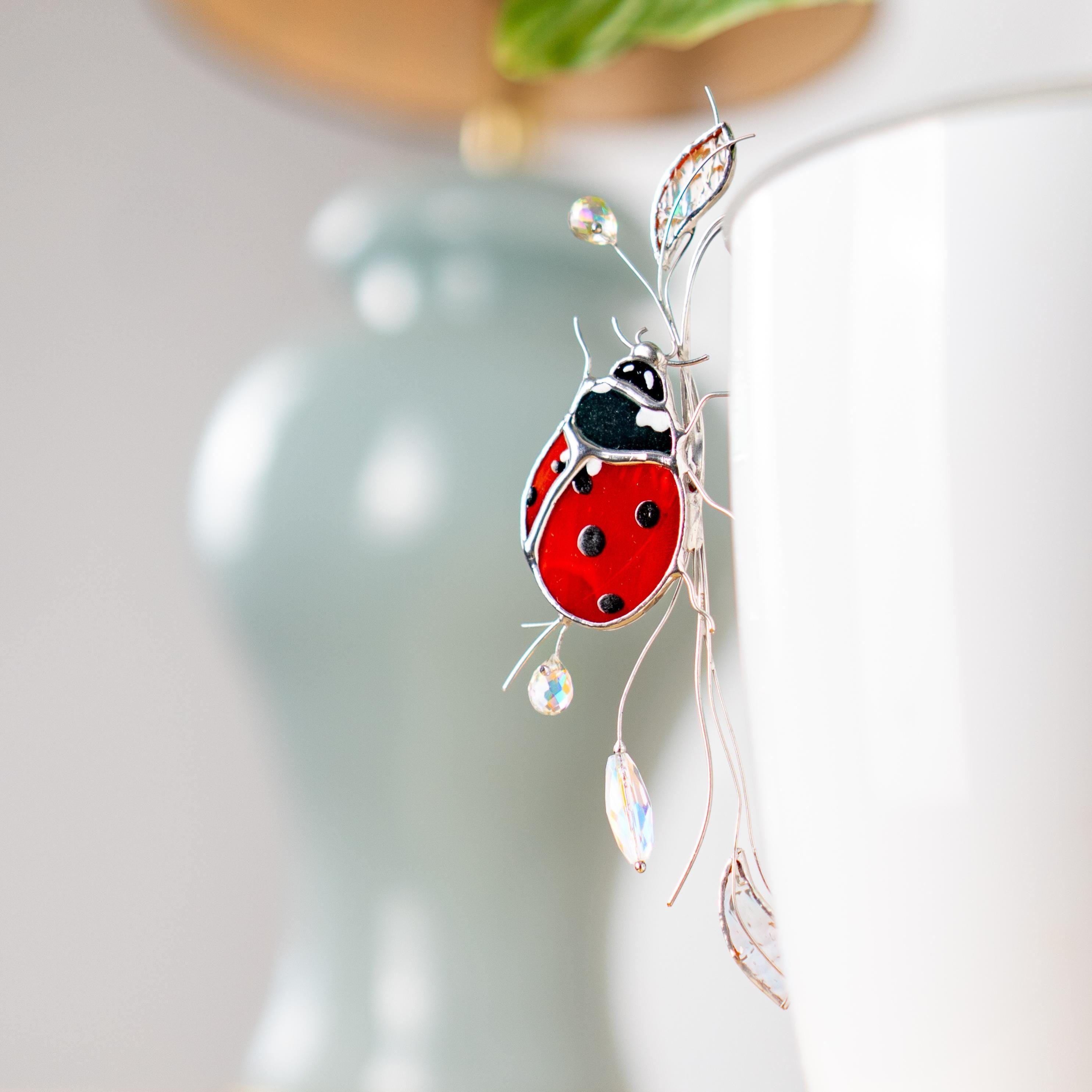 Ladybug stained glass suncatcher - Insect plant stakes Christmas gift -Stained glass plant - Modern stained glass garden decoration
