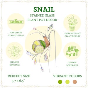 Infographic of stained glass snail plant pot decor suncatcher showing handmade craftsmanship, crystal accents, plant display enhancement, gift idea for garden lovers, and size 3.7 x 6.5 inches with green color palette.