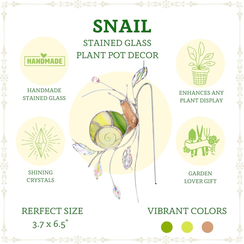Infographic of stained glass snail plant pot decor suncatcher showing handmade craftsmanship, crystal accents, plant display enhancement, gift idea for garden lovers, and size 3.7 x 6.5 inches with green color palette.