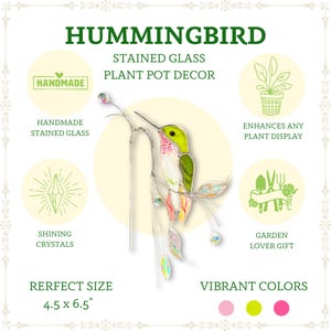 Whimsical green hummingbird plant stake – a dazzling accent with crystals.