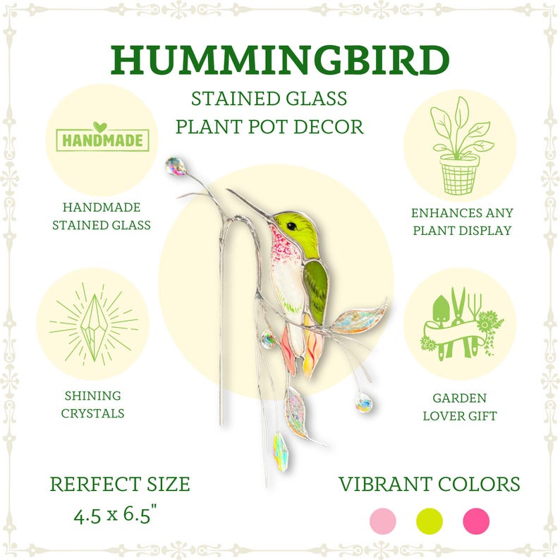 Whimsical green hummingbird plant stake – a dazzling accent with crystals.