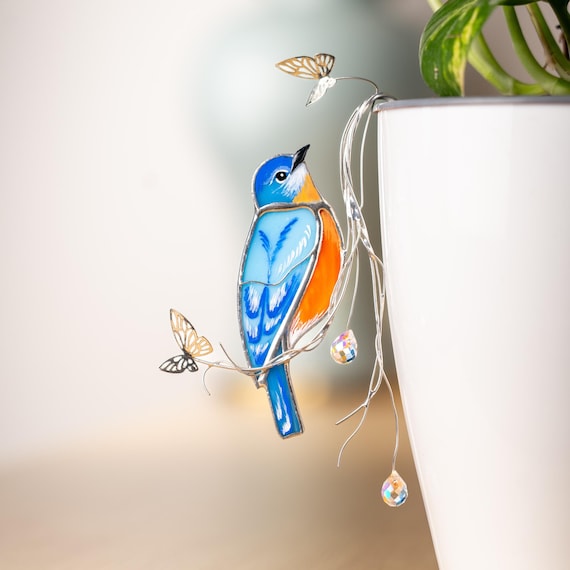 Bluebird stained glass suncatcher - Thanksgiving hosting gift - Stained glass bird plant stakes crystal sun catcher unique planters