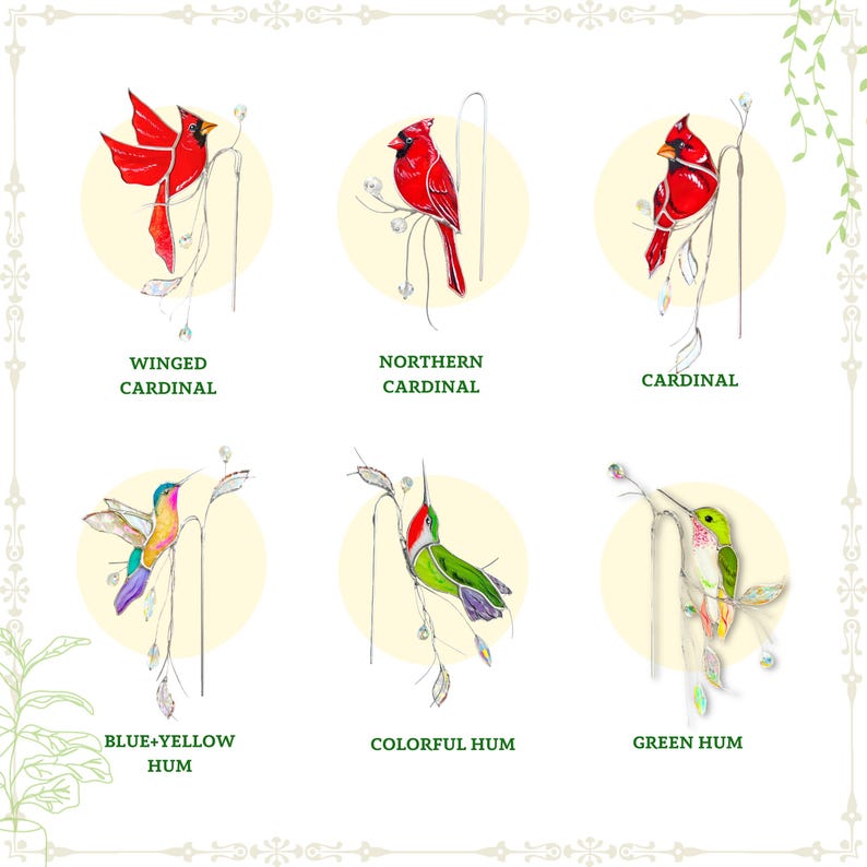 Cardinals and hummingbirds stained glass sun catchers for garden decor