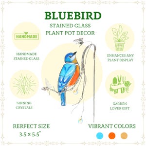 Whimsical bluebird plant stake with shimmering crystals and butterfly accents.