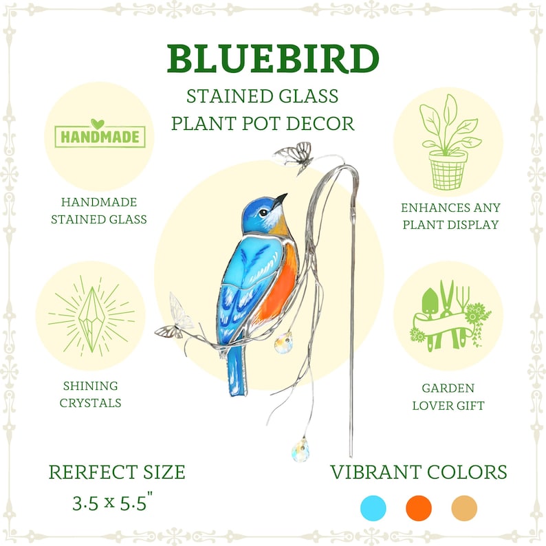 Whimsical bluebird plant stake with shimmering crystals and butterfly accents.