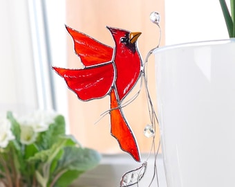 Stained Glass Cardinal Crystal Suncatcher – Plant Stake Memorial Ornament
