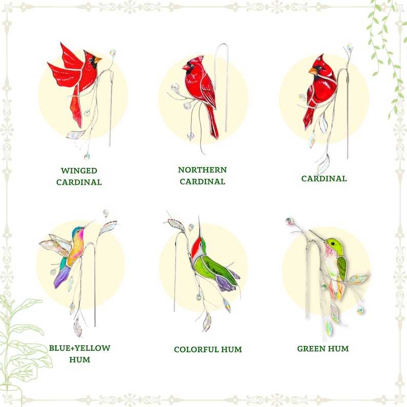 Variation of stained glass cardinals and hummingbirds suncatchers