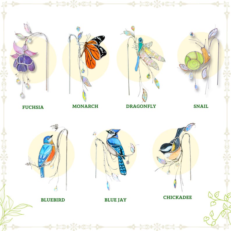 Variation of stained glass birds for plant pots
