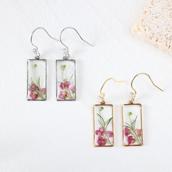 Real Sweet Alyssum Resin Earrings, Handmade Pink Flower Dangle Earrings, Botanical Jewelry, Nature Inspired Gift for Her, Gift for Women