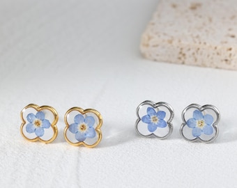 Vergissmeinnicht Blumen Ohrstecker, echte Blume Harz Schmuck, Sterling Silber Beiträge, Gedenkgeschenk für sie, Erinnerung Andenken für Frauen