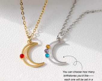 Personalized Family Birthstones Moon Necklace, Sterling Silver Crescent Moon Necklace, Mothers Day Gift, Gift for Grandma, Gift for Her