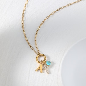 Personalized Initial Necklace with Birthstone and Cross, Custom Gold Letter Pendant for Women, Christian Jewelry, Birthday or Baptism Gift