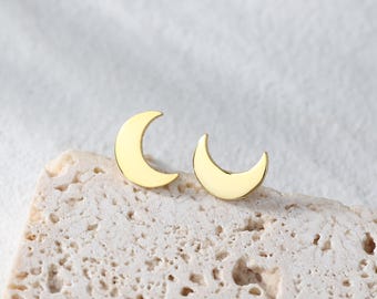 Crescent Moon Stud Earrings in Sterling Silver with Gold Plating, Dainty Minimalist Celestial Jewelry, Moon Earrings Gift for Her or Friend
