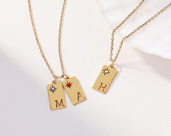 Personalized Birthstone & Initial Charm Necklace, Multiple Bar Family Initial Necklace, Dainty Letter Tag Necklace, Mothers Day Gift for Her