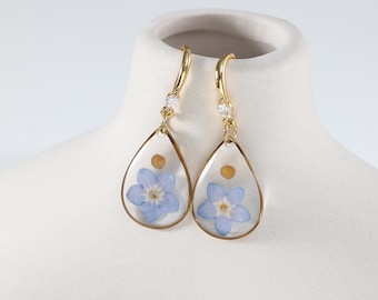 Faith Mustard Seed Earrings, Real Forget Me Not & Mustard Seed Resin Dangle, Christian Encouragement Gift, Matthew 17 20 jewelry for Women