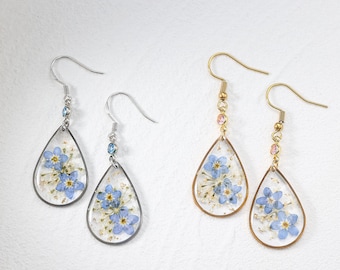 Gepersonaliseerde echte vergeet-mij-niet-geboortesteenoorbellen, handgemaakte hars aangepaste Queen Anne's kantsieraden, verjaardagscadeau voor vrouwen, cadeau voor haar
