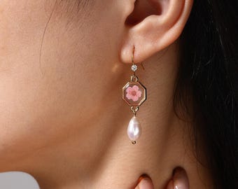 Real Forget Me Not Flower Pearl Drop Earrings, Pearl Dangle Jewelry, Handmade Pressed Flower Jewelry for Women, Anniversary Gift for Her