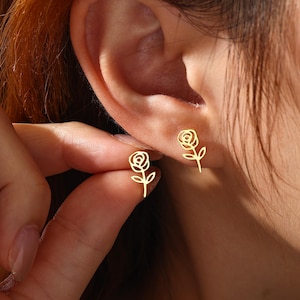 Rose Stud Earrings, Sterling Silver Flower Earring, Minimalist Floral Jewelry Gift for Her, Dainty Everyday Earring, Romantic Gift for Women