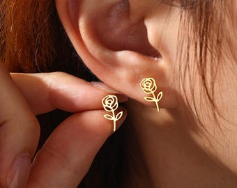 Rose Stud Earrings, Sterling Silver Flower Earring, Minimalist Floral Jewelry Gift for Her, Dainty Everyday Earring, Romantic Gift for Women