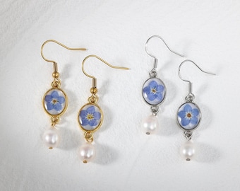 Forget Me Not Flower Earrings, Handmade Pearl Earrings for Women, Bridesmaid Gifts, Gift for Mother, Birthday Gift, Anniversary Gift for Her