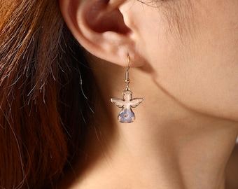Angel Forget Me Not Earrings, Real Resin Flower Memorial Jewelry for Loss, Sympathy Gift, Remembrance Angel Wings Dangle Earrings for Women