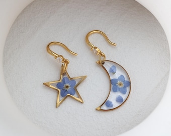 Moon and Star Earrings, Handmade Pressed Real Forget Me Not Flower Earring, Resin Celestial Jewelry, Remembrance Gift for Her, Sympathy Gift