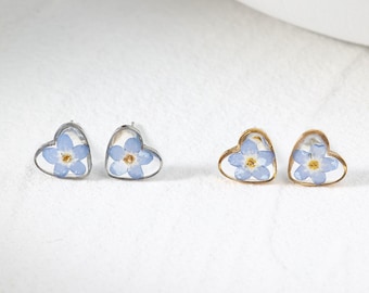 Forget Me Not Heart Stud Earrings, Memorial Jewelry with Real Pressed Flowers, Remembrance Gift for Loss, Sentimental Keepsake for Women
