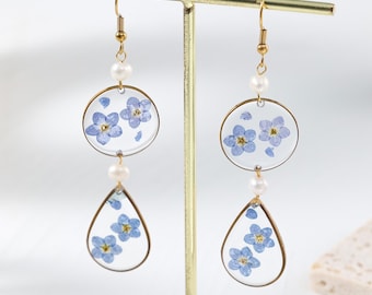 Pearl Dangle Earrings with Real Forget Me Not, Handmade Teardrop Flower Resin Jewelry, Unique Gift for Bridesmaid, Remembrance Gift for Her