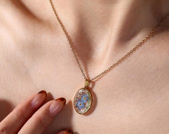 Real Pressed Forget Me Not and Queen Anne’s Lace Necklace, Memorial Keepsake Jewelry, Dried Wildflowers, Remembrance Necklace, Gift for Her