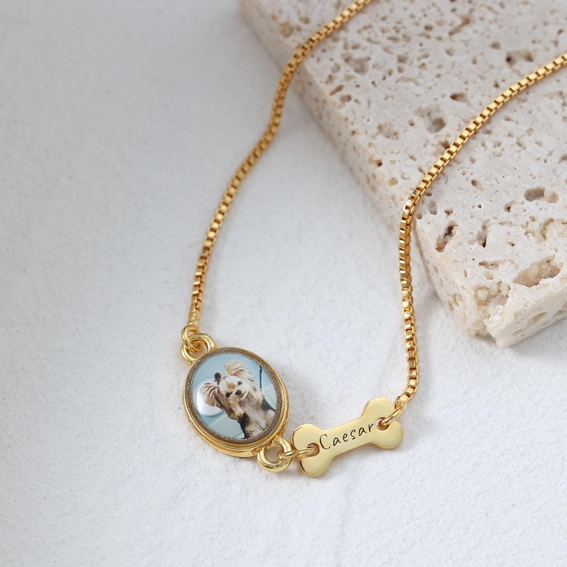 Op de afbeelding: Goudkleurige ketting met een ovale hanger met een hondenportret op een lichtblauwe achtergrond. Een botvormige bedel met de naam "Caesar" is bevestigd. De ketting is een fijne boxketting. Een delicaat sieraad.