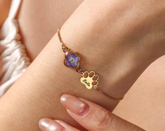 Pulseira personalizada para animais de estimação, pingente com nome de pata, trevo de quatro folhas com flor "Miosótis" de verdade, presente para quem ama cães e gatos