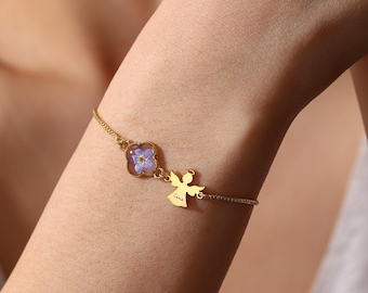 Personalized Angel Memorial Bracelet, Handmade Forget Me Not Resin Pressed Custom Name Engraving to Honor & Remember Loved One, Gift for Her