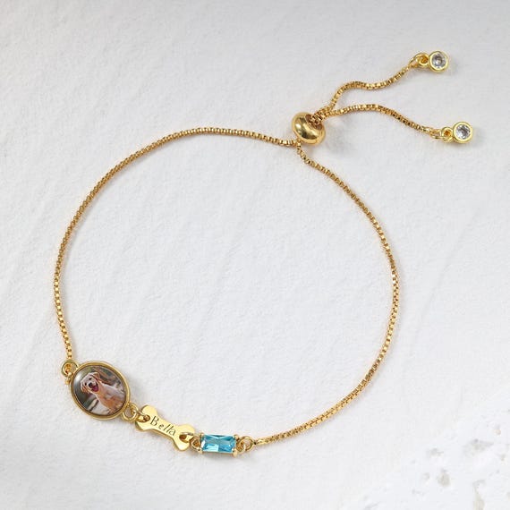 Personalized Pet Memorial Bracelet, Custom Pet Photo Charm, Name Engraving, Birthstone Jewelry to Honor Pet, Dog Mom Gift, Dog Loss Gift