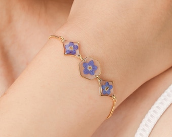 Echte vergeet-mij-niet-armband, handgemaakte geperste blauwe bloemarmband, hars bloemensieraden voor vrouwen, herdenkingscadeau, babyverliescadeau voor haar