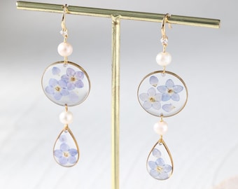 Forget Me Not Flower Earrings with Pearls, Handmade Resin Earrings, Botanical Jewelry, Nature-Inspired Earrings for Women, Gift for Her