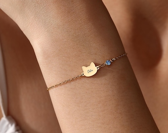 Personalized Cat Name Forget Me Not Flower Bracelet, Custom Birthstone Cat Loss Sympathy Jewelry Gift, Pet Loss Memorial Gift for Cat Mom