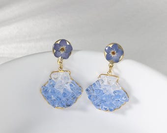 Seashell Forget Me Not Earrings, Handmade Resin Blue Natural Stone Dangle Jewelry, Natural Inspired Jewelry for Women, Nautical Gift for Her