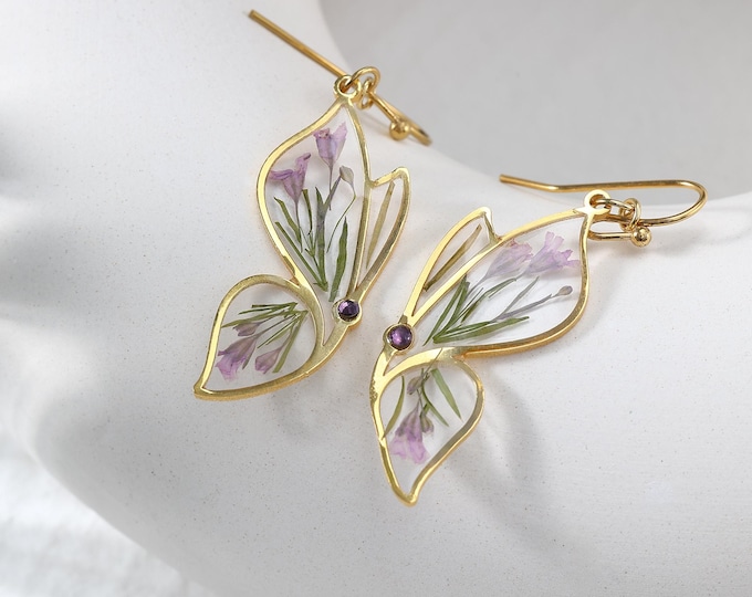 Personalized Butterfly Birthstone Earrings, Handmade Resin Custom Purple Flowers Jewelry, Vintage Inspired Jewelry, Gift for Nature Lovers