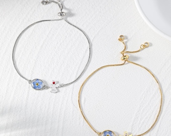 Personalized Angel Memorial Birthstone Bracelet, Custom Forget Me Not Resin Pressed Handmade Name Engraved Jewelry, Mourning & Sympathy Gift