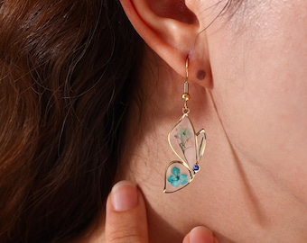 Real Flower Butterfly Earrings with Birthstone, Custom Birthstone Earrings, Handmade Botanical Jewelry, Anniversary Gift, Bridesmaid Gift