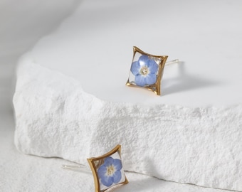 Echt vergeet-mij-niet-oorknopjes, handgemaakte geperste bloem sieraden, herdenkingscadeau, kleine bloemencadeau, herinneringscadeau, verlies van geliefde cadeau